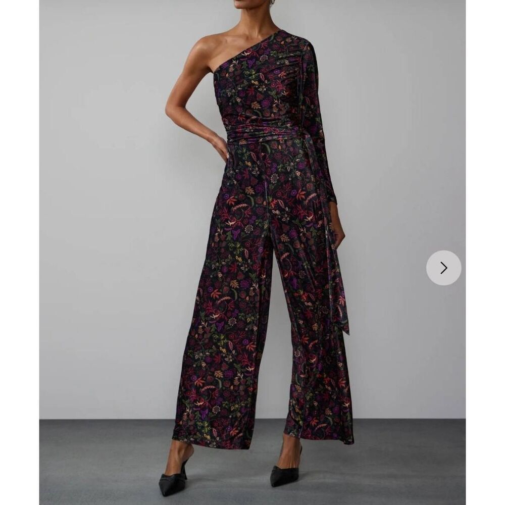 NY&C One Shoulder Floral Velvet Jumpsuit Wide Leg Long Sleeve Women’s Large
